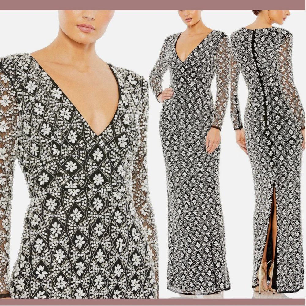 NEW‎ $1,598 Mac Duggal [ 6 ] Fully Beaded Floral Pearls Column Gown Black